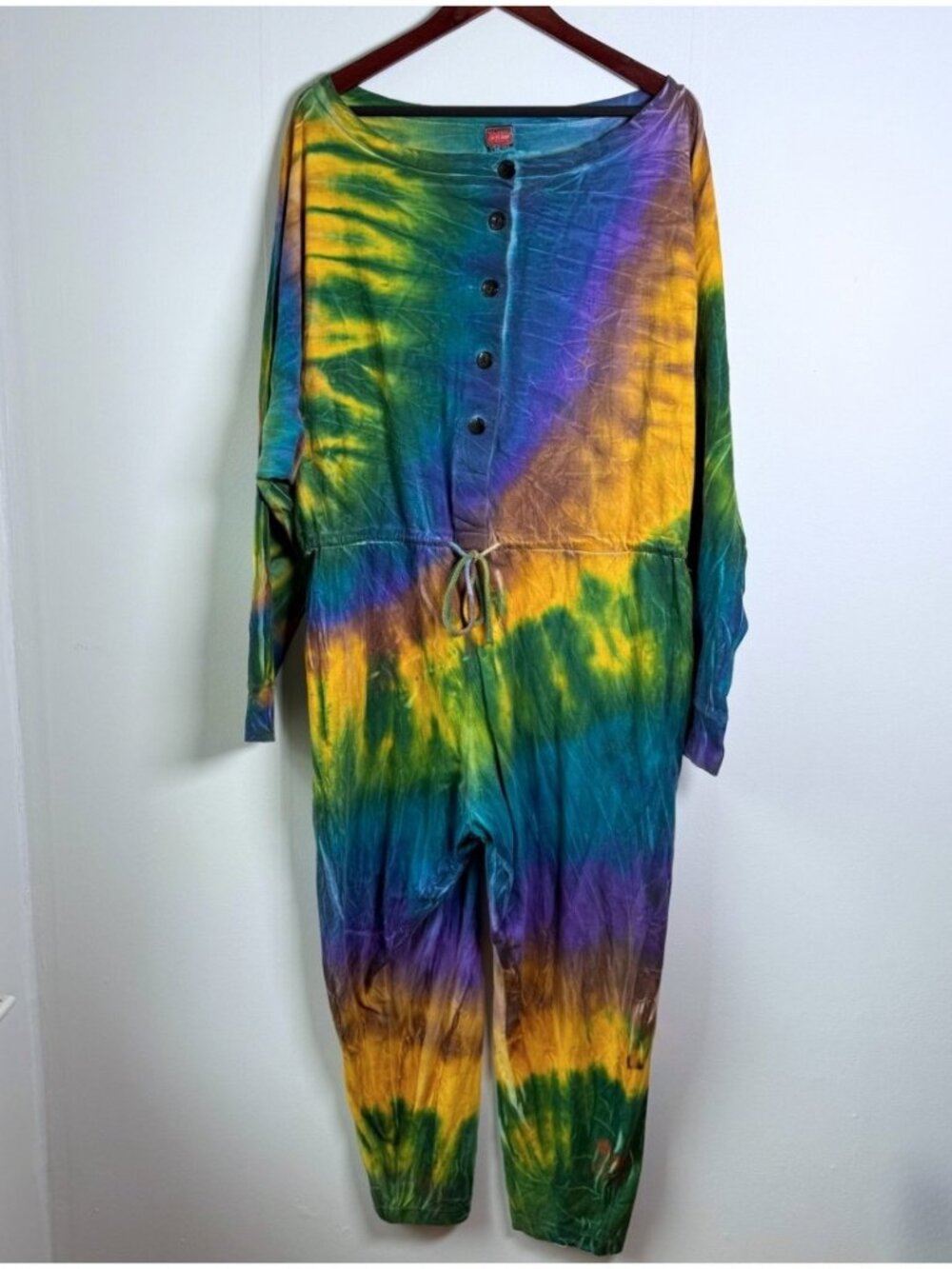 Vintage La Flame Rainbow Hand Dyed Tie Dye Cotton Jumpsuit One Size Made in USA
